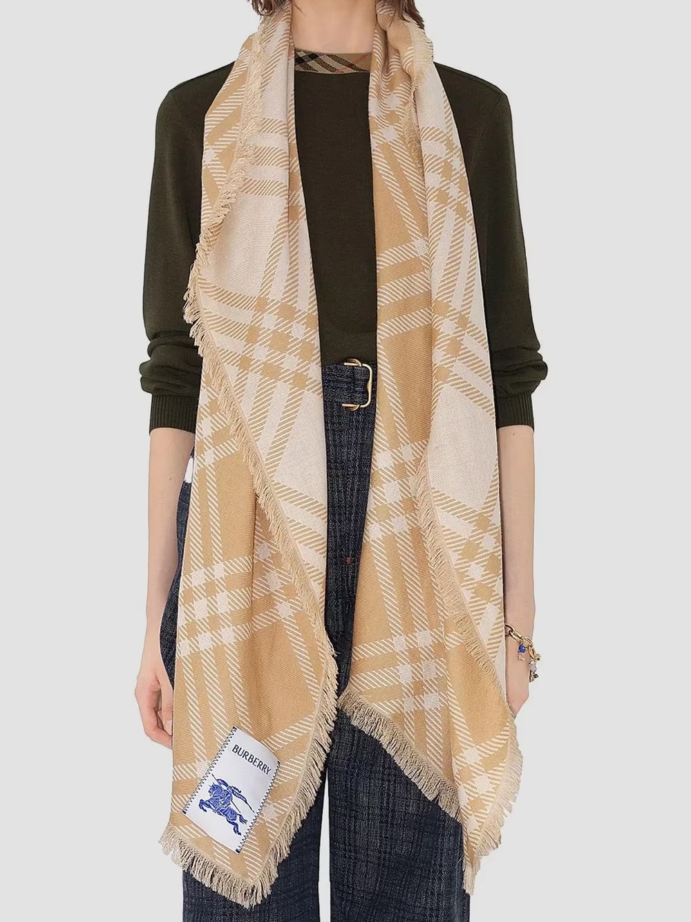 Burberry Wide Check Wool Silk Scarf / Wrap in Sand beige/ecru beige.